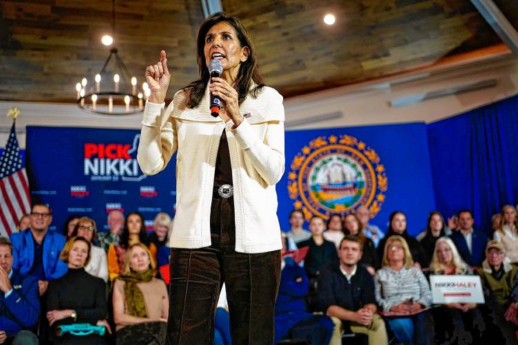 Republican presidential candidate former UN Ambassador Nikki Haley speaks at a town hall campaign event, Tuesday, Jan. 2, 2024, in Rye, N.H. (AP Photo/Robert F. Bukaty)